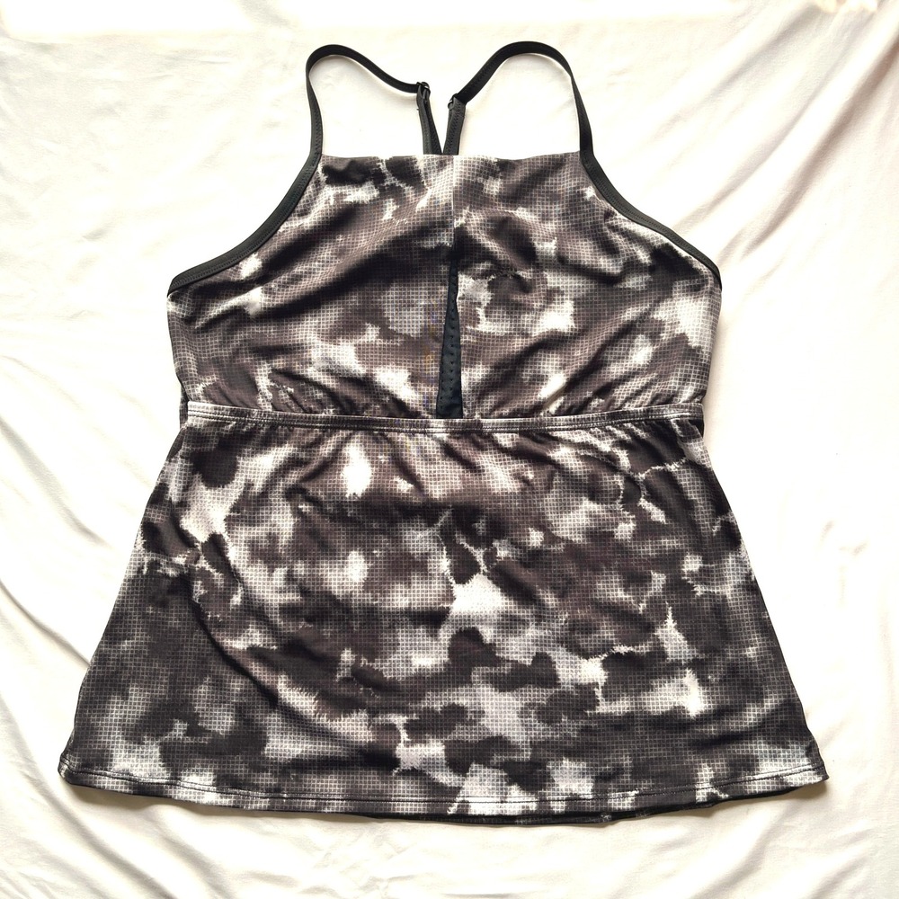 NIKE Womens Sz L Black Stretch Built in Bra Strappy Tankini Swimsuit Top Beach